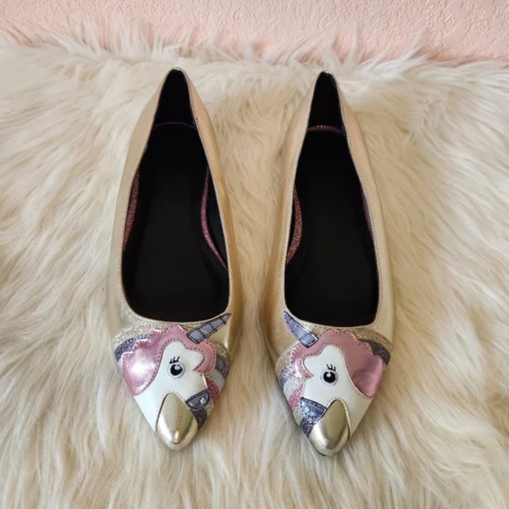 ASOS Loopy Lou Wide Fit Gold Point Toe Unicorn Ballet Flats - Picture 3 of 11